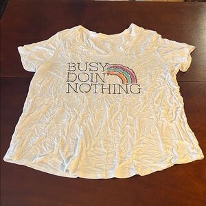a.n.a super soft White stretchy short sleeve Tee with “busy doing nothing”